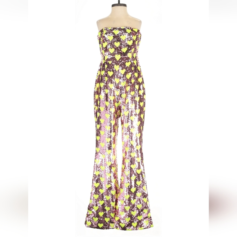 Nasty Gal Strapless Sequin Heart Jumpsuit in Pink and chartreuse